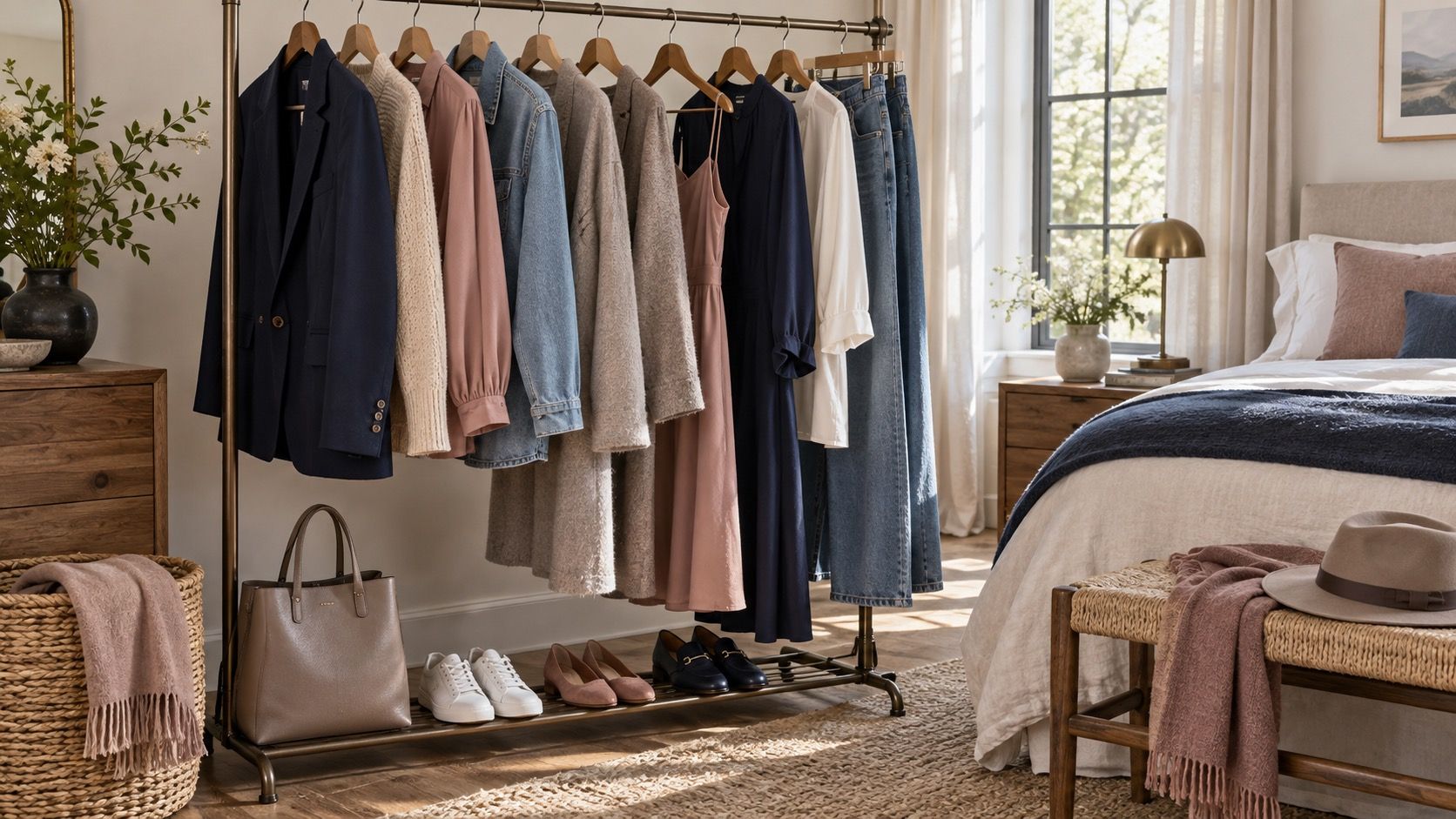Soft Summer capsule wardrobe in muted navy, mushroom, dusty rose and denim