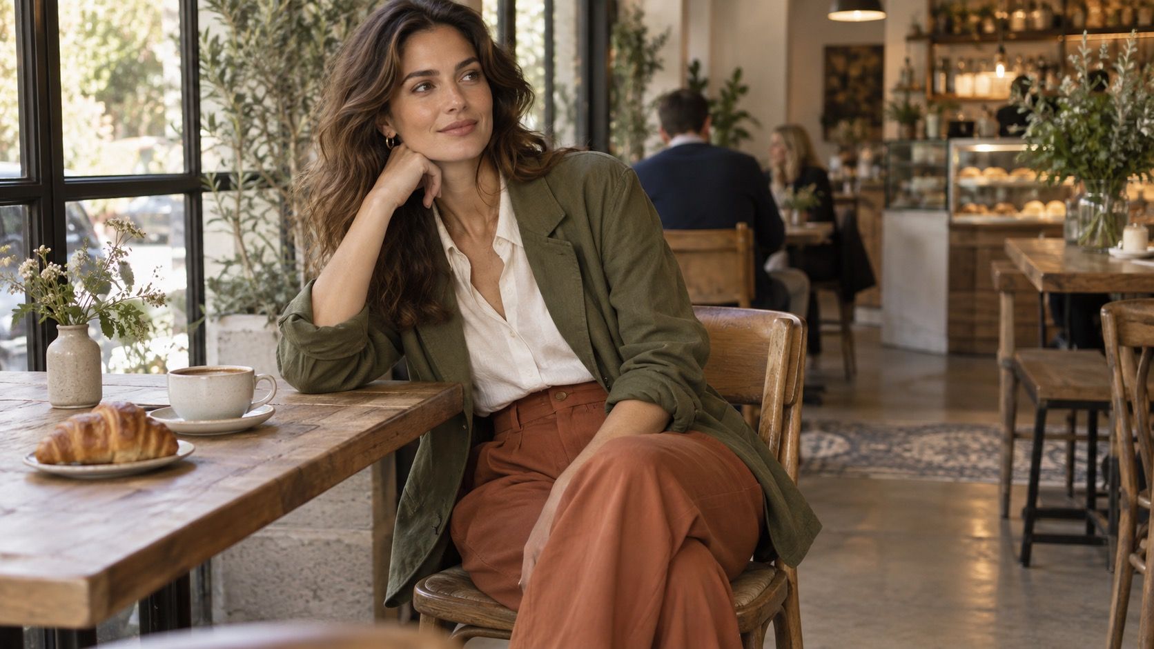 Warm undertone outfit colors including ivory, moss, camel and terracotta