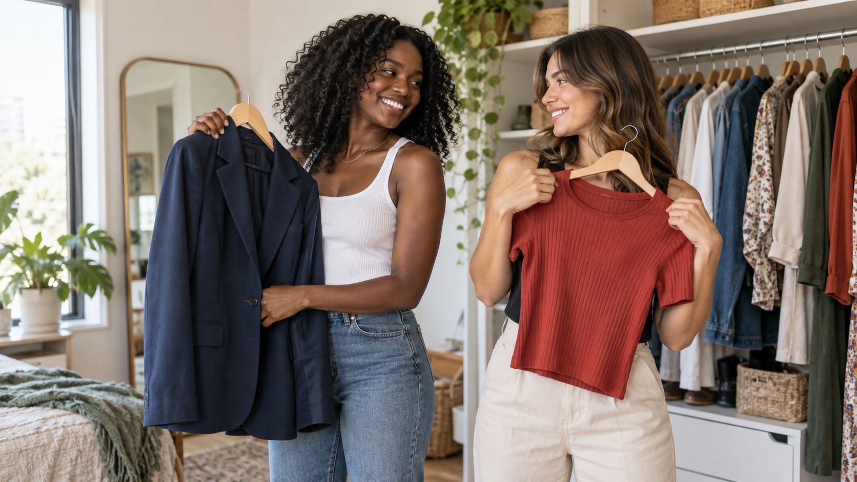 Woman comparing clothing colors near her face